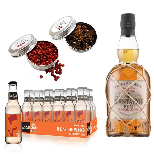 Plantation Rum &amp; 24 Artisan Fiery Ginger Beer 2 db Ajándék Koktél Fűszerrel